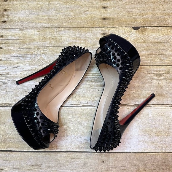 Christian Louboutin Black Patent Spike Lady Peep Toe Platform Pumps. - Picture 3 of 8